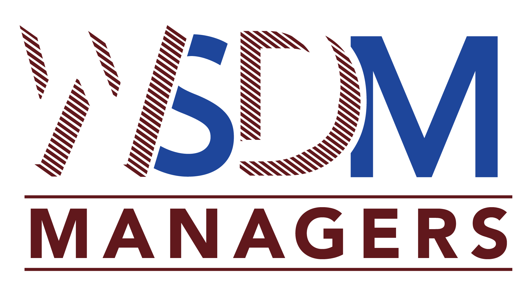 WSDM Managers logo in burgundy and blue